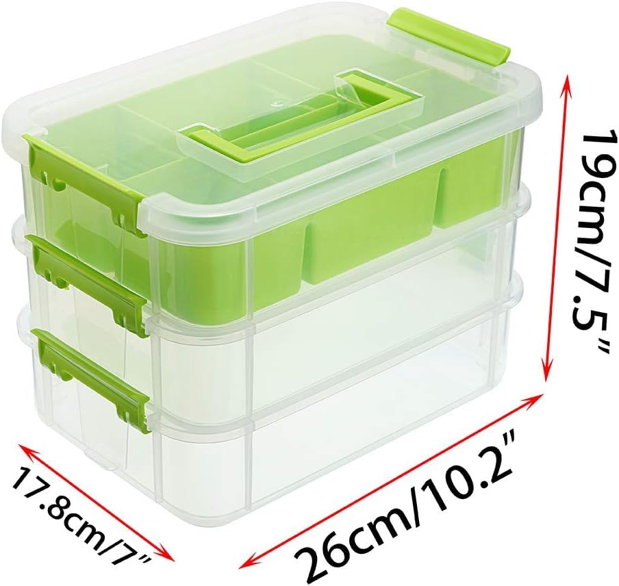Image of plastic boxes for Storage transparent boxes for storage, Portable & Stackable Space Saving Organiser with Lid for Medicine, Jewelry, Arts & Crafts, Buttons, Beads (Green, 3 TIER WITH 1 TRAY)