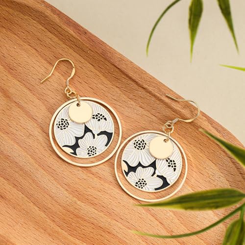 Boho Flower Earrings, Gold Hoop Earrings, Dangle Round Disc Earrings for Women, Handmade Bohemian Trendy Boho Floral Jewelry Gift, Hypoallergenic4