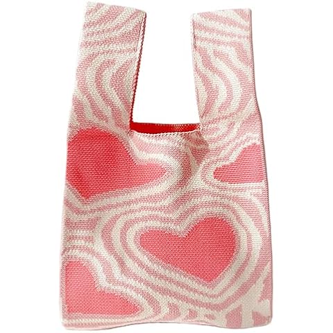AONTUS Wrist Handbag for Women Aesthetic Crochet Knit Tote Bag Wristlet Handbag Small Woven Shoulder Bags Sleeve Knot Pouch (Moire-pink) Cover