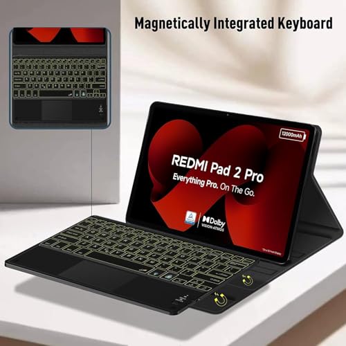 Image of HOM Tri-Fold 7-Colour Backlight Detachable Wireless Bluetooth Keyboard with Trackpad /Touchpad Tablet Cover Case for Xiaomi Redmi Pad 2 Pro 12.1 inch Tablet - Black