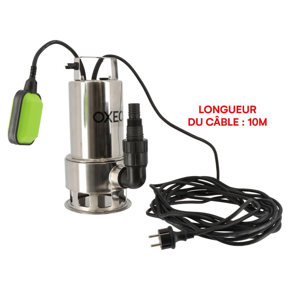 Pompe vide cave 1100W - Corps Inox - Eaux chargées - Inondation - Hauteur refoulement 9,5m - Câble alimentation 10m