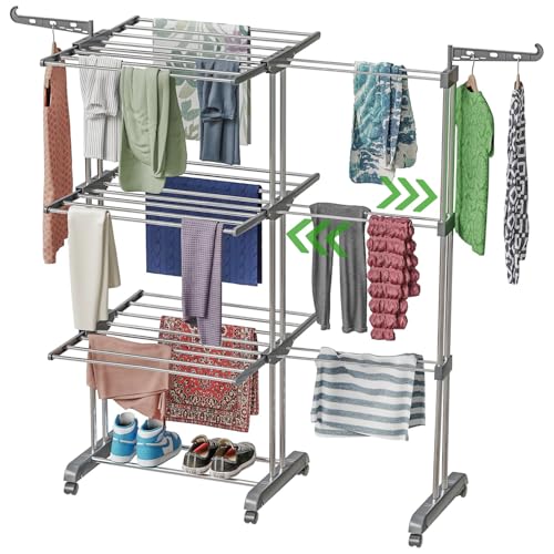 Image of TEX-RO Expandable Clothes Drying Stand for Home|Cloth Dryer Stand with Wheel|Cloth Stand for Drying Clothes Foldable|Stainless Steel Clothes Hanging Stand|Cloth Rack for Balcony(3 Layer, Grey)