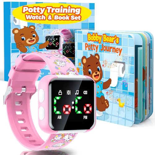 Etuwoe Potty Training Watch and Board Book for Toddler Girls: Adjustable Volume Potty Watches for Kids Water Resistant Toilet Timer Alarm Unicorn Toddler Watch Gifts for 1 2 3 4 5 Year Old Girl (Pink)