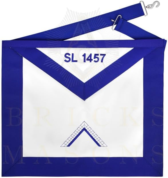 Bricks Masons Worshipful Master Blue Lodge Officer Apron - Blue Ribbon With Machine Embroidery Customizable Flap