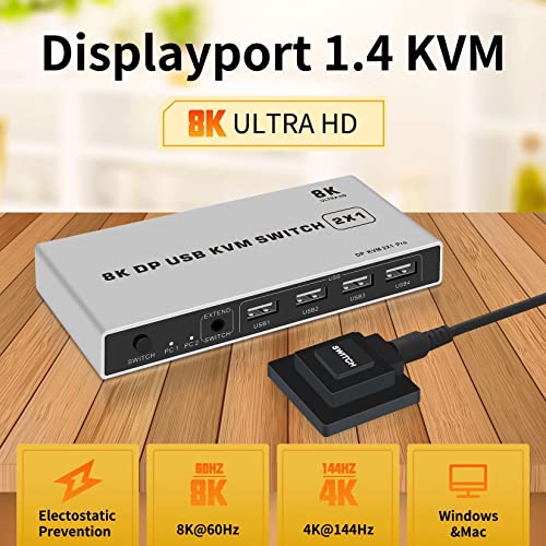 Image of DisplayPort Switch - Microware 8K 2 in 1 Out DP USB KVM Switch Box Keyboard Mouse Printer U Disk Switcher Include 2 USB Type-B Cable Support 8K@60Hz for Windows Mac