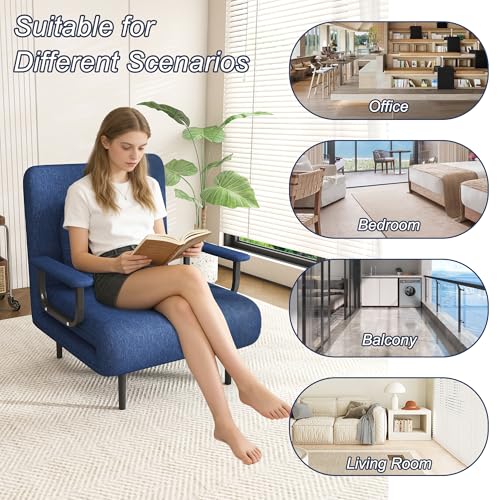 Image of Montary Space - Saving Convertible Folding Sofa Bed: Adjustable Backrest with Pillow, Comfortable Single Sleeper for Living Room, Bedroom & Office (Blue)