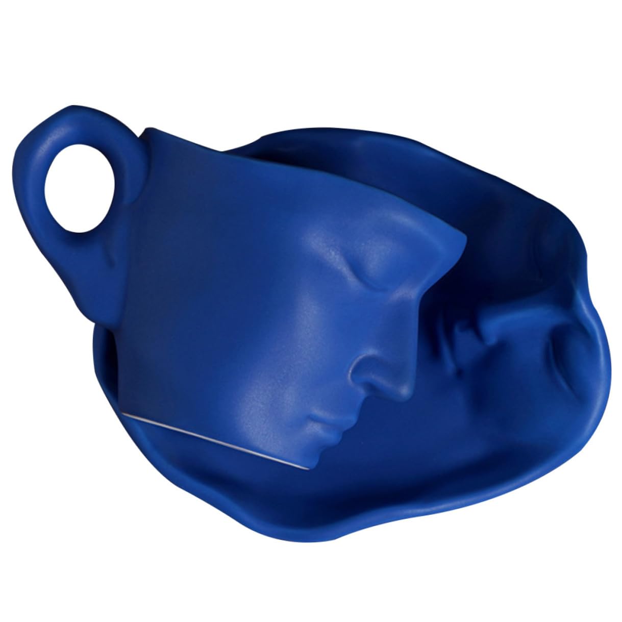 SEWACC Tasse à Café en Céramique 260 Ml avec Soucoupe Design Abstrait Visage Artistique Finition Mate Bleu Pastel Ensemble 1 Pièce pour Café Thé Lait – Présent Anniversaire Couples