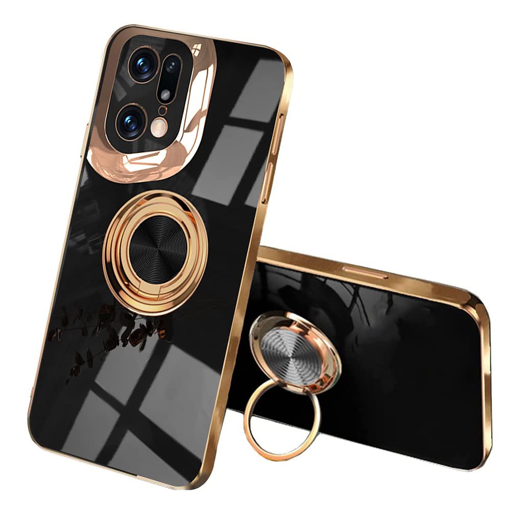 SEEKOOSEEKOO Case for OPPO Find X5 Pro, Ultra Thin TPU Bumper Shockproof Soft Cover Electroplating Phnom Penh Design Silicone Skin Slim Case with 360 Degree Ring Kickstand, Black