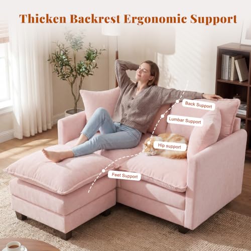 Image of 50'' Loveseat Sofa Set with Ottoman, Small Couch Set 2 Piece Cloud Love Seat 27 inch Deep Seat Washable Pillows Couches for Small Spaces Apartment Living Room, Pink
