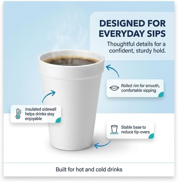 Amazon.com: 16 oz Insulated Foam Cups [50 Pack] Disposable Coffee Cups for  Hot & Cold Drinks, Lightweight White Drinkware for Home, Office, Church,  Catering, Parties, BBQ, Events, & Breakrooms : Health & Household