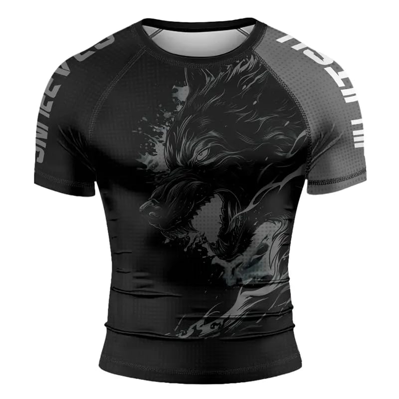 Wolf Men's Compression Shirt Short Sleeve, MMA BJJ Rash Guard Shirt Grappling Jiu Jitsu Training2