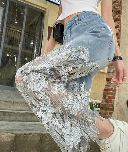 xxxiticat Women's Lace Denim Pants High Waisted Hollow Out Asymmetric Floral Patchwork Ripped Straight Leg Jeans Trouser3
