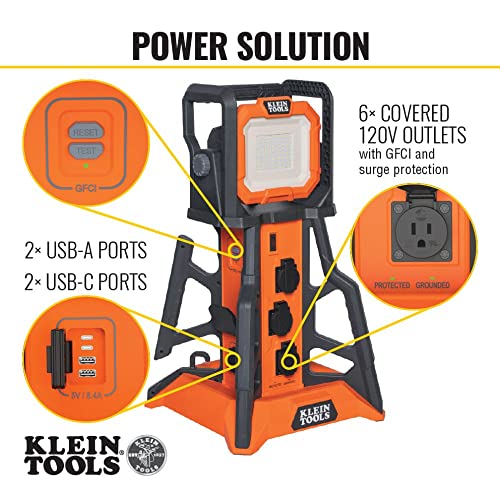 Klein Tools 29610 Powerhub, 6 Surge Protected Covered 15A Outlets, 5000 Lumen Work Light, 4 Usb Ports, Built-In Gfci, Overcurrent Protection #TOP2