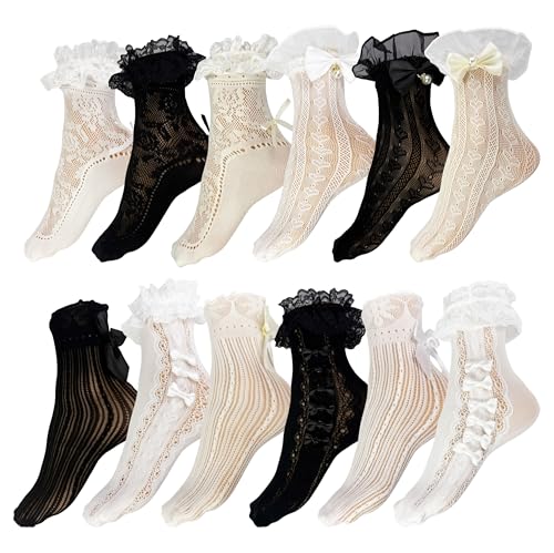 Winterlace 12 Pairs Frilly Ruffle Ankle Socks Womens Bulk Pack Lace Cute Bows Bobby Fashion Dress Sock (US, Alpha, One Size, Regular, Regular, 12 Pairs Assorted Colors & Styles)