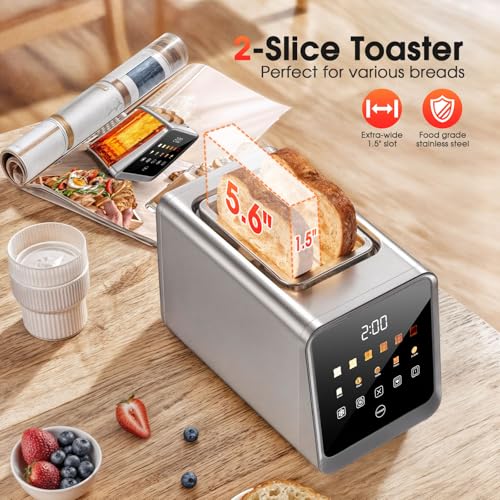 Touch Screen Toaster 2-Slice with 1.5" Wide Slots & Memory Recall | 900W Stainless Steel Smart Digital Toasters | 6 Shade Settings for Bagels & Thick Bread
