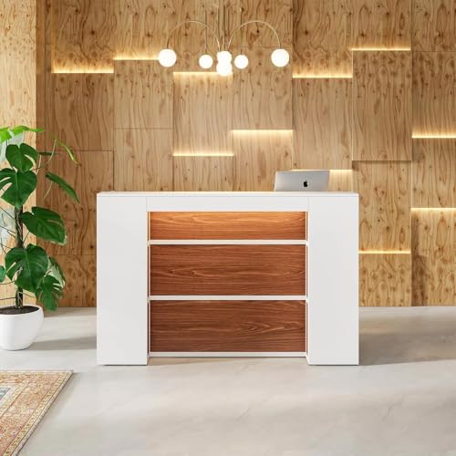 Image of TEKAVO Elite Reception Table for Office, Shop, Clinic, Showroom | Front Desk for Office | White & Brown Wood | 160 x 60 x 110 CM | DIY Assembly