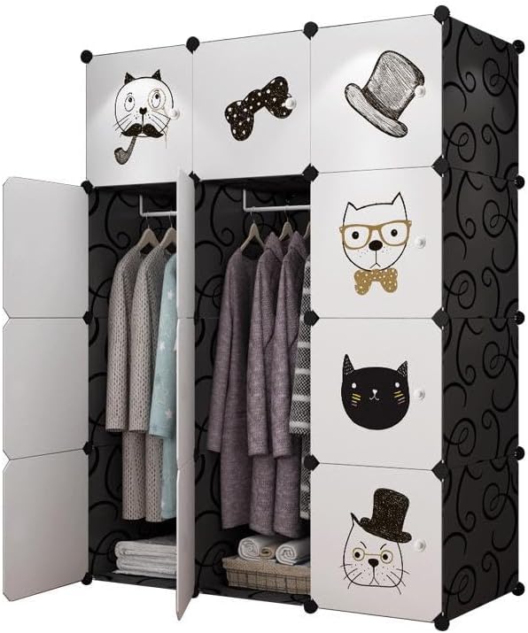 SUPAAR Kids Wardrobe Baby Dresser Children Bedroom Armoire Clothes Hanging Closet with Animal Stickers, 12 Cubes