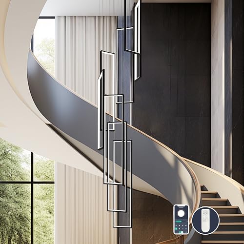 Ayshwilldec Black Modern Led Chandelier Dimmable Led Pendant Lighting 8-Ring Rectangle Staircase Chandelier Adjustable High Ceiling Light Fixtures Contemporary Large Chandeliers for High Ceiling Lobby