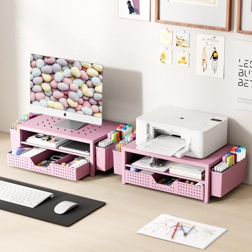 Image of OPNICE Laptop Stand for Desk Organizer and Accessories, 2-Tier Computer Monitor Stand Riser with Drawer and 2 Pen Holders, Ventilated Perforated Steel Top, Office Desk Accessories for Home Office Supplies, Pink
