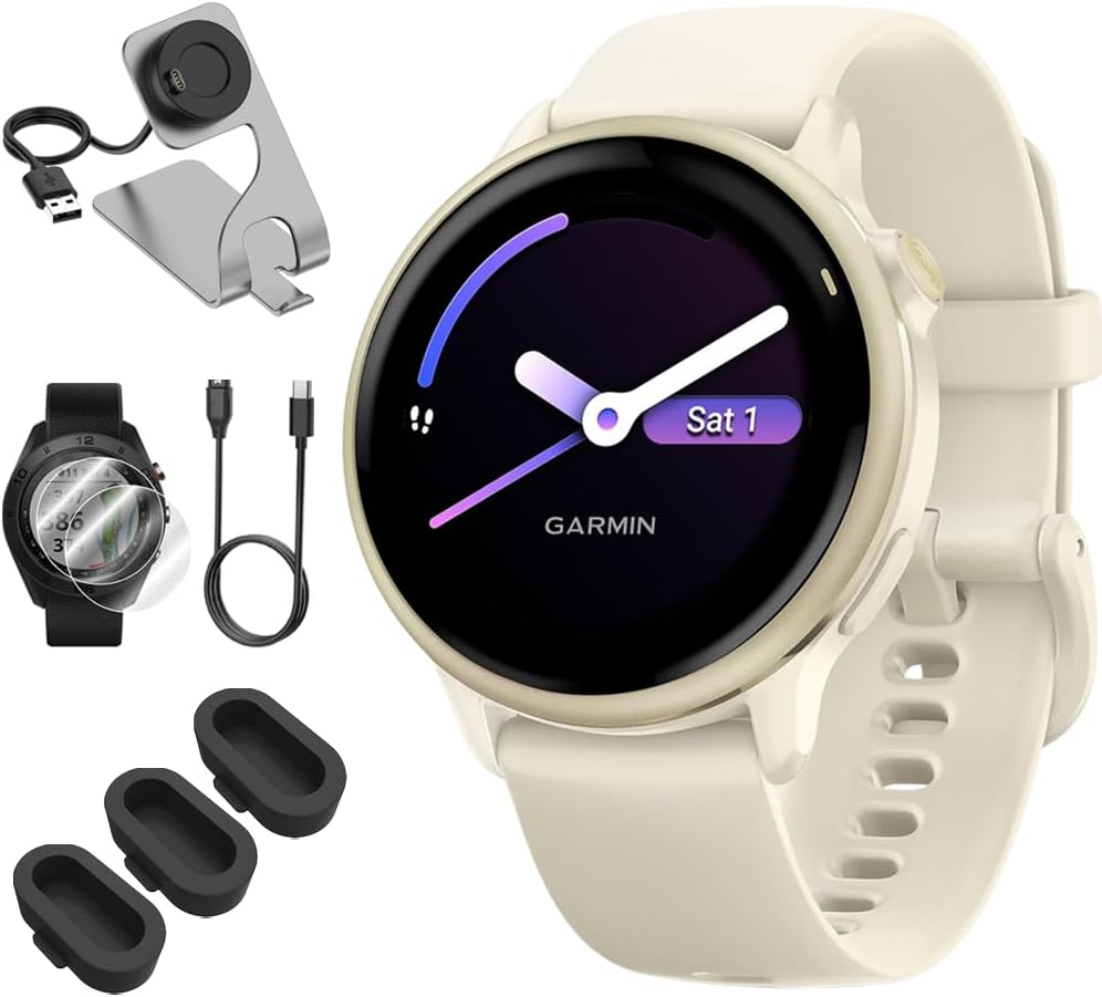 Garmin 010-02985-01 VIVOACTIVE 6 Health & Fitness GPS Smartwatch, Bone with Silicone Band Bundle with Deco Essentials Charging Dock, USB Type C Charger, Silicone Dust Covers & 2-Pack Screen Protector