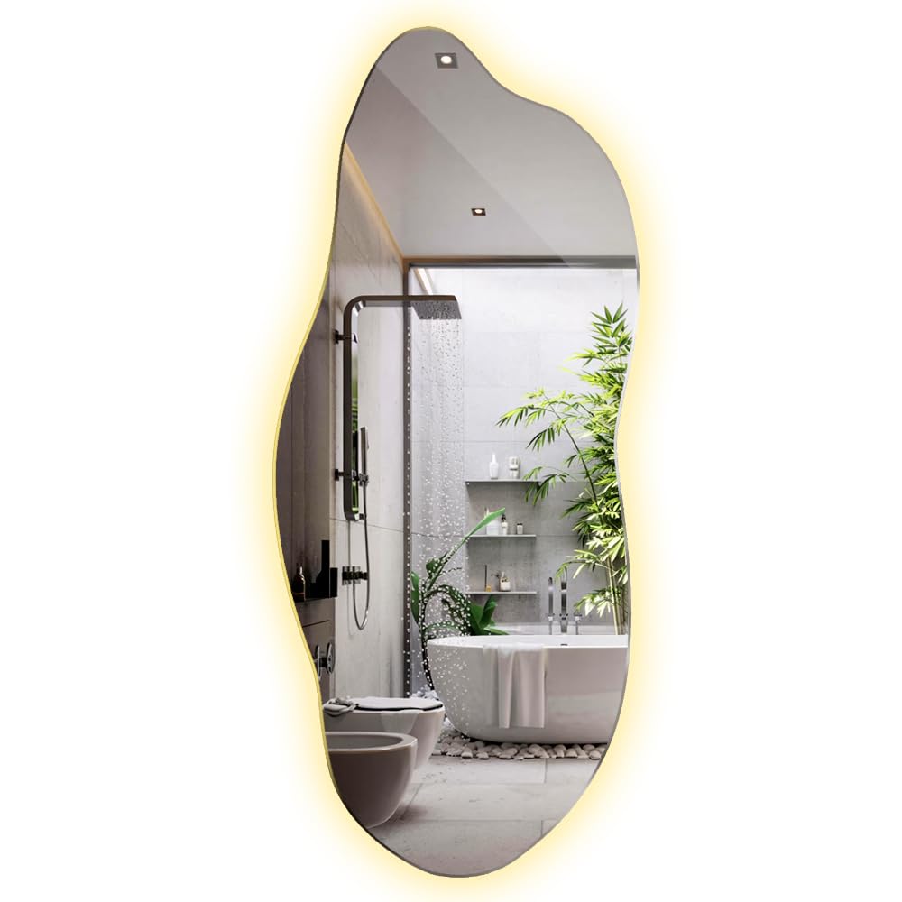Tulup Grande Espejo 45x100 cm con Iluminación LED Luz Cálida para Baño Dormitorio Sala de Estar Montaje en Pared de Maquillaje Sin Marco Forma Orgánica Asimétrico Irregular Forma Única Diseño