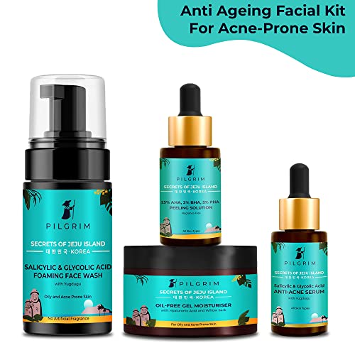 Pilgrim Anti Aging Facial Kit For Acne-Prone Skin with AHA, BHA & Hyaluronic Acid| Korean skin care | Women & Men| Foaming Facewash, Peeling solution, Anti-acne serum & Oil free moisturizer| Jute Bag 2 51EcYTM013L. SL500