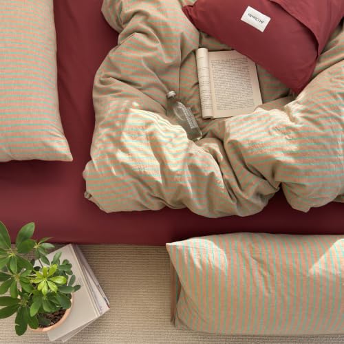 Image of Striped Duvet Cover Set Washed Cotton,Queen(90 inchx90 inch),Pinstripes Terracotta