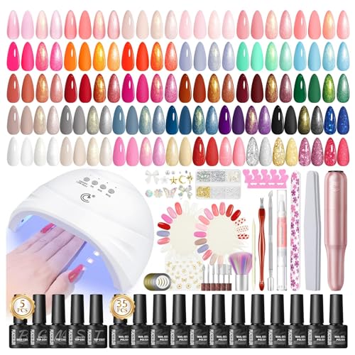 PEACECOLOR 65Pcs Kit Ongle Gel UV Complet avec Lampe Ponceuse pour Ongles, 35 Couleus Vernis Semi permanent Nude Rouge Bleu Marron Vert et Base Top Coat Kit de Manucure pour Débutant