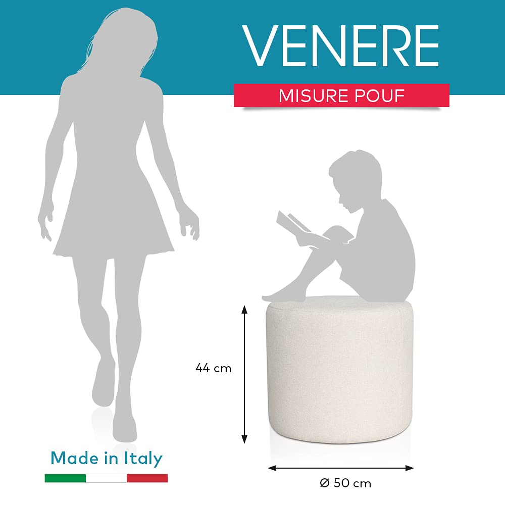 Deshome Pouf hocker Fußstütze runden Ø 50 cm Wasserabweisender Stoff: Modernes Design Pouf für Sofa Wohnzimmer Schlafzimmer, Puff hocker, Pouffe Venere Cremeweiße