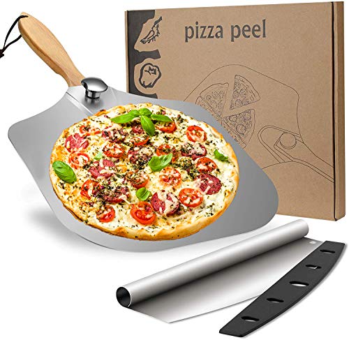 Premium Pizza Peel Aluminum Metal Pizza Paddle 12 x 14 with Foldable Wooden Handle and 14 Rocker Cutter with Cover-Easy Storage Pizza Spatula for Baking and Slicing Homemade Pizza Bread