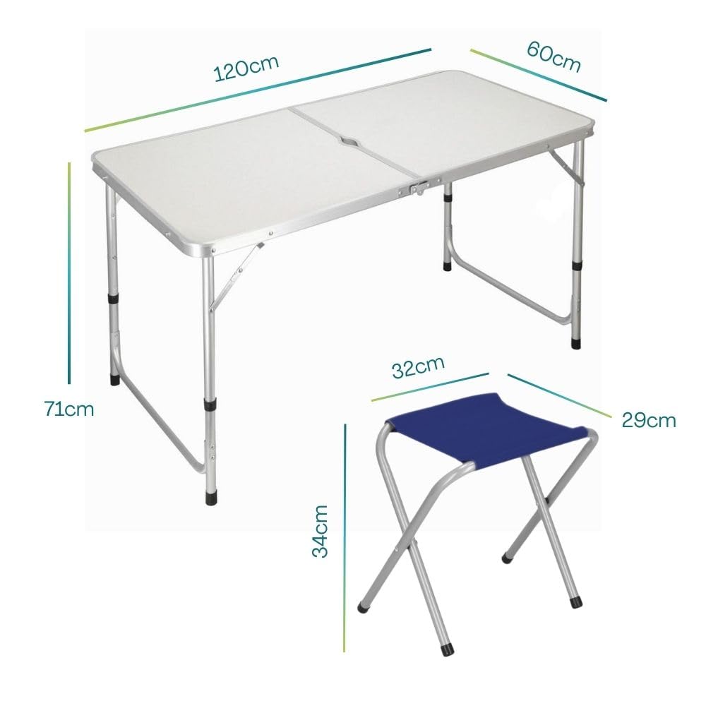 PALUPLUS Set Tavolo Campeggio in Alluminio con 4 Sgabelli Blu, Misura Tavolino 120x60x71 cm, Design Pieghevole a Valigetta con Maniglia, Foro per Ombrellone, per picnic, gita -8095F