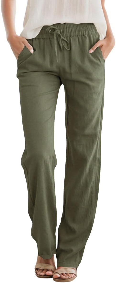 SEMARO Womens Casual Linen High Waist Pants Drawstring Loose Fit Summer Pants Trousers with Side Pockets
