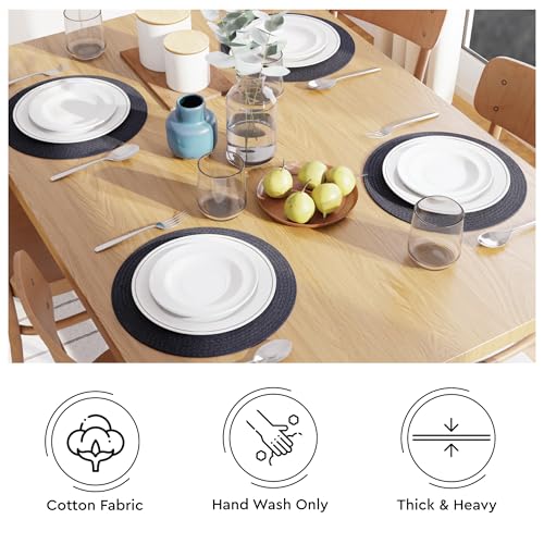 Image of Dining Table Mats Set of 4 | Cotton Table Mat 32 cm Diameter, Encasa XO Washable Round Table Mats, Heat Resistance Dining Table Placemats, Handmade Ribbed Style for Centre Table, Dark Blue