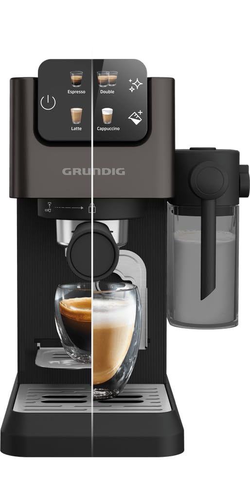 GRUNDIG KSM 5330 Cafetera con depósito de leche integrado, potencia 1628 W, presión de bomba 15 bar, doble boquilla, pantalla táctil colorida, BrewSense, CreamyPro, Dark Inox/Negro