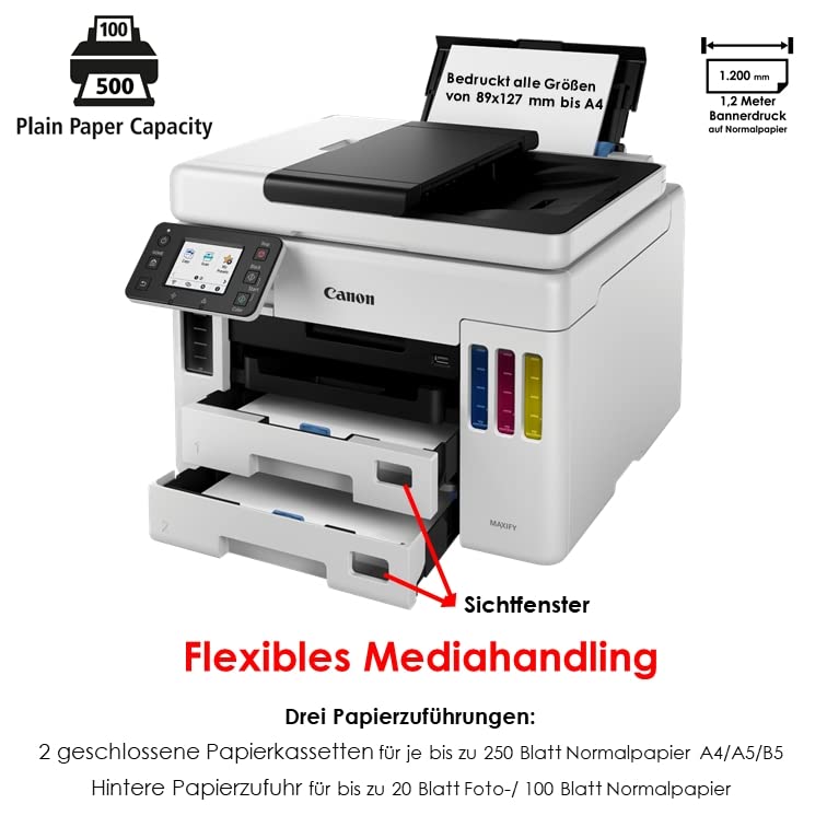 Canon MAXIFY GX7050 MegaTank Multifunktionsdrucker 4in1 (Tintenstrahl, Drucken, Kopieren, Scannen, Faxen, A4, WLAN, LAN, 6,7 cm LCD Touch, Duplex-Druck und -Scan, niedrige Druckkosten, 600 Blatt) weiß – Bild 6