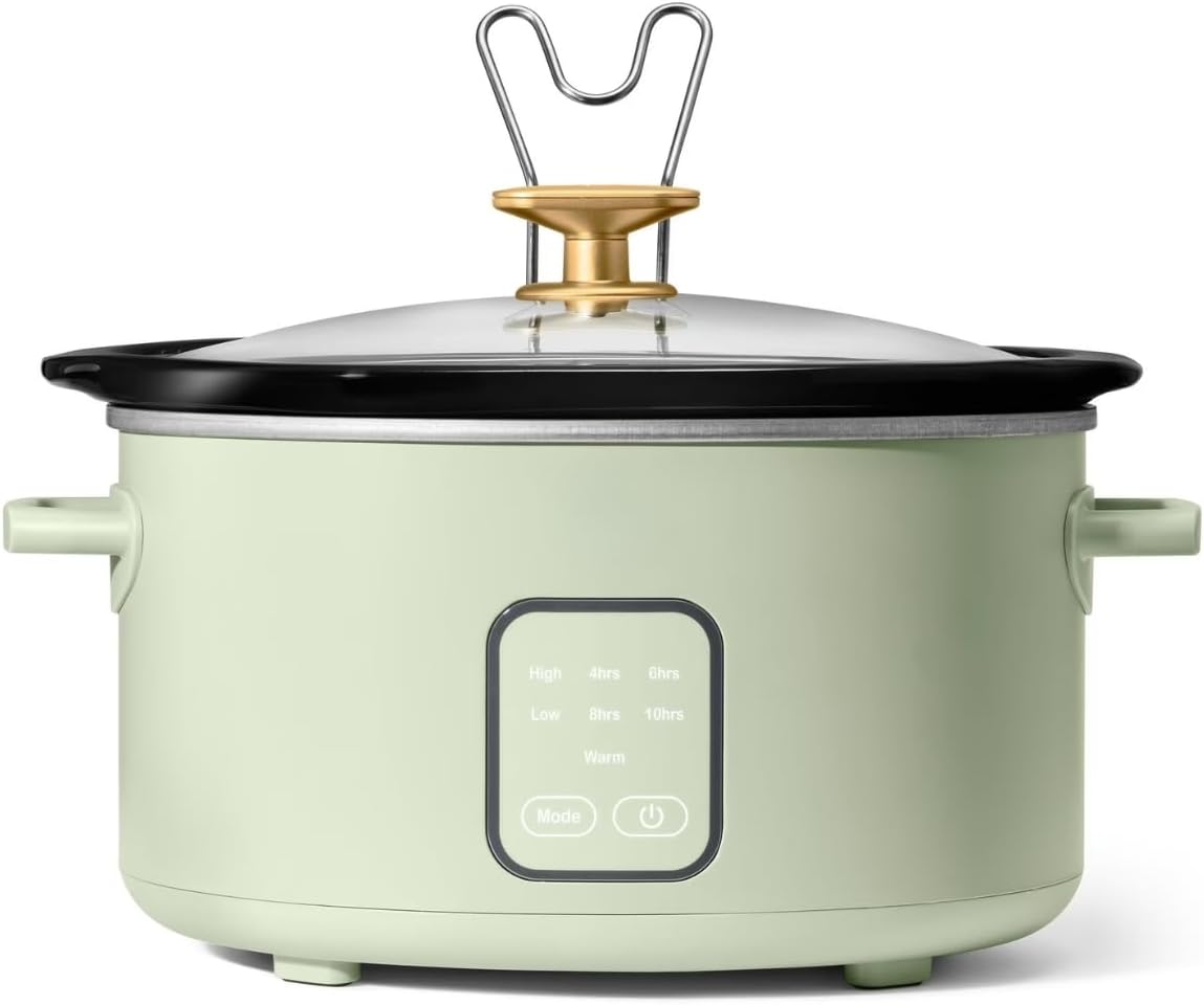 4 Qt Slow Cooker, Touch-Activated Display, 4 Cooking Presets, Removable Stoneware Pot, Steel Lid Holder, Dishwasher-Safe, Cool-Touch Handles, Ideal for Family Dinners (Sage Green)