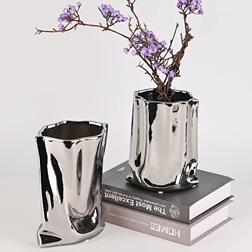 Silver Ceramic Vase, 9.05 Inch Tall Silver Flower Vase Wide Mouth Ceramic Vase, Creative Handmade Pleated Cloth Bag Flowers Vase For Home Decor, Office, Mantel, Porch, Wedding Centerpiece (Silver-L) #TOP5