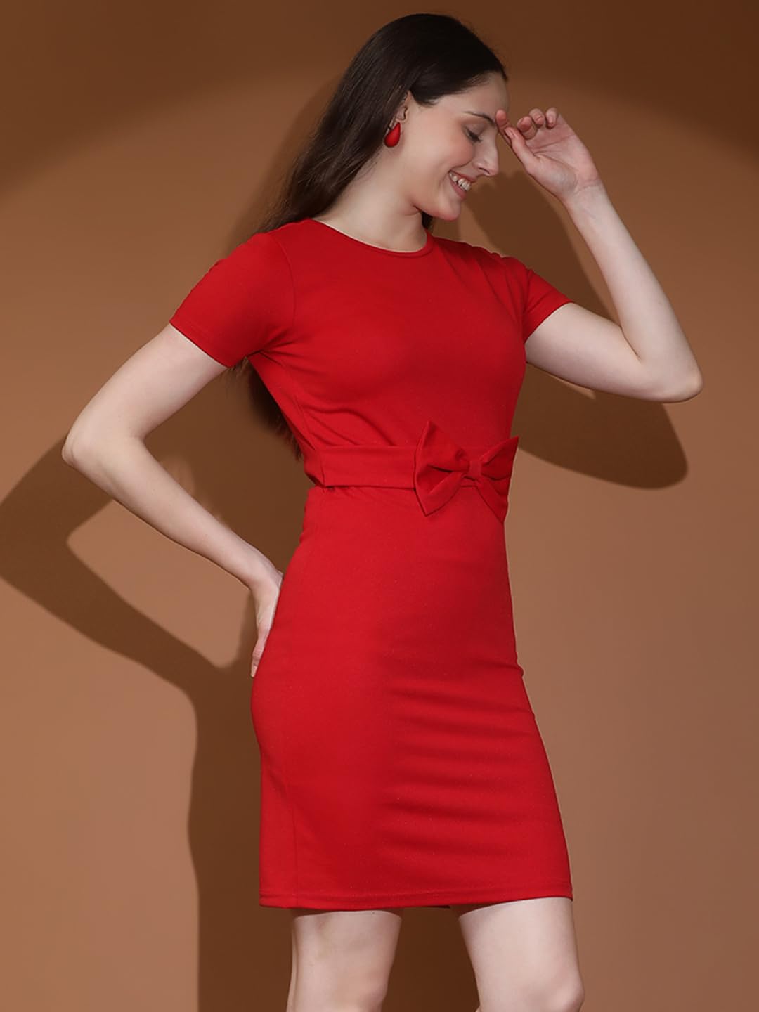 Kotty Women's Round Neck Short Sleeves Sheath Dress(Red,Xl)