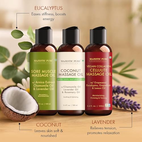 Image of MAJESTIC PURE Massage Oil for Massage Therapy - Refreshing, and Relaxing - Natural Oils - for All Skin Types - Men and Women Massage Lotion (3.4 Fl Oz (Pack of 3), Massage Oil Set)