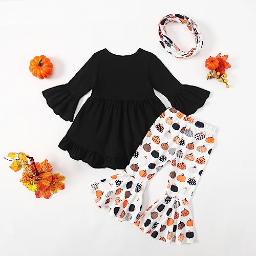 Noubeau Toddler Baby Girls Halloween Outfits Letter Print Flare Sleeve Dress Shirt Cute Pumpkin Bell-Bottoms Pants Scarf2