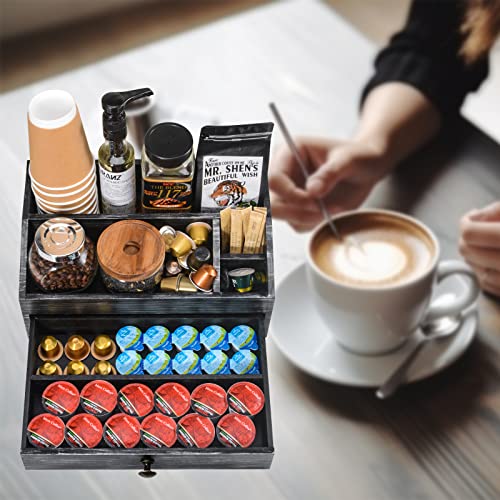 Ikkle Wooden Coffee Station Organizer With Drawer, Rustic Coffee Bar Accessories Organizer For Counter, Coffee Pods Storage Drawer And Organizer, Coffee Bar Decor For Home (Black) #TOP3