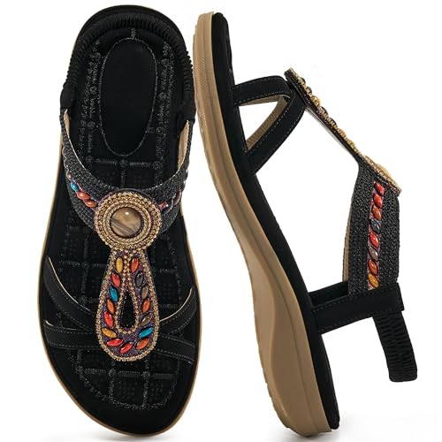 Ecetana Womens Sandals Dressy Summer Comfortable Slip On Bohemian Flats Sandals 2025 Beach Shoes for Walking