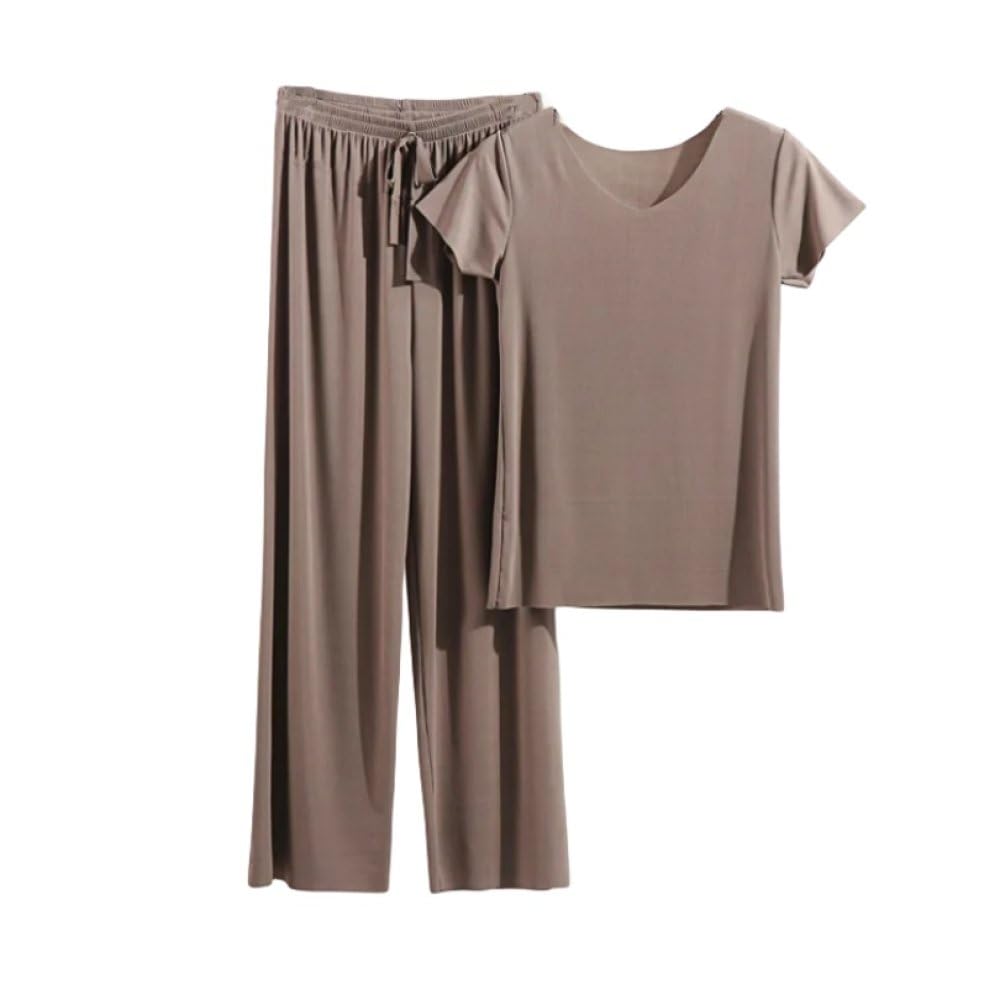 OutFyt Conjunto De Pijamas para Mujer, Cuello Redondo, Top De Manga Corta, Pantalones Largos, Ropa De Estar por Casa Suave De 2 Piezas, Conjunto De Pijama De Verano con Cordón, Conjuntos De Pijama
