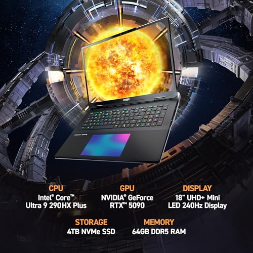 Image of msi Titan 18 HX AI 18 inch 240Hz MiniLED UHD+ Gaming Laptop: Intel Ultra 9-290HX, NVIDIA Geforce RTX 5090, 64GB DDR5, 4TB NVMe SSD, Thunderbolt 5, Wi-Fi 7, Win 11 Pro: Black A2WJ-1258US