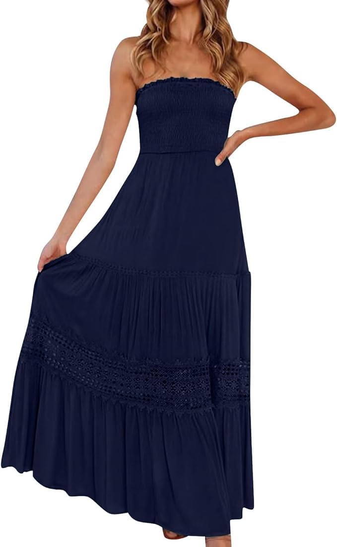 Strapless Maxi Dress for Women, Smocked Empire Waist A Line Dress, Boho Summer Beach Vacation Long Dresses