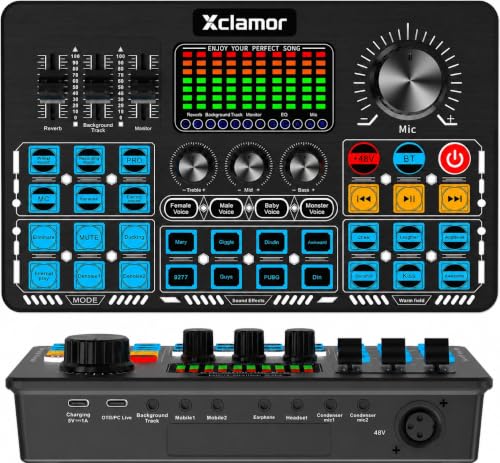 Image of Xclamor 48V Phantom Power Professional Sound Card & Audio Mixer for Live Streaming & Home Recording Studio with BT, 4 Voice Change Modes, DeNoise, 2 Condenser Mic Inputs, Output PC & Dual Mobile