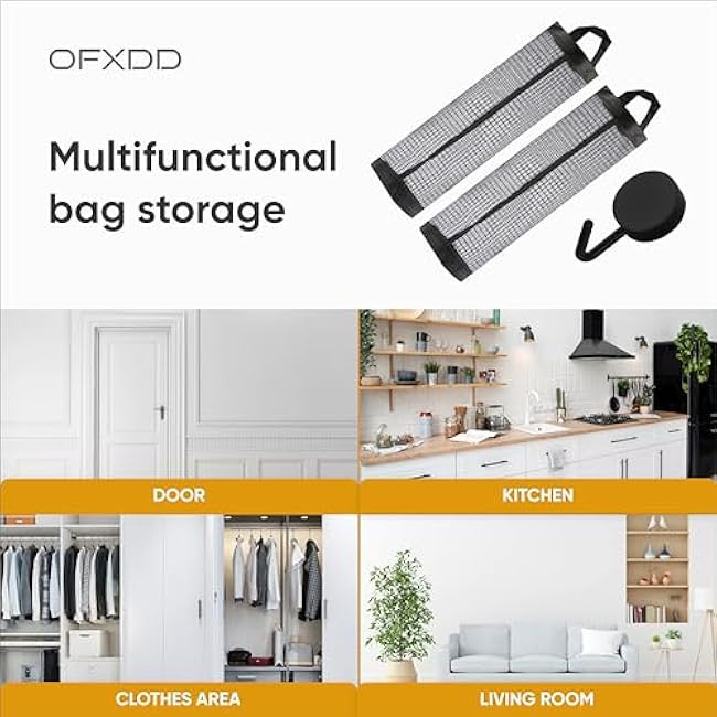 Plastic Bag Holder 2 Pcs - Mesh Grocery Bag Holder - Wall Mount Grocery Bag Dispenser - Storage Holder for Plastic Bags, Kitchen Organizer with Adhesive Hook