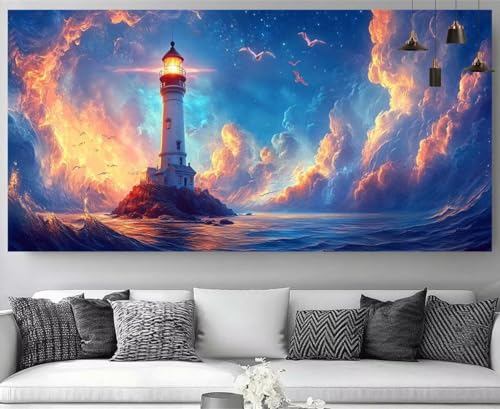 Broderie diamant XXL phare de mer 30x60cm en kit complet de strass 5D