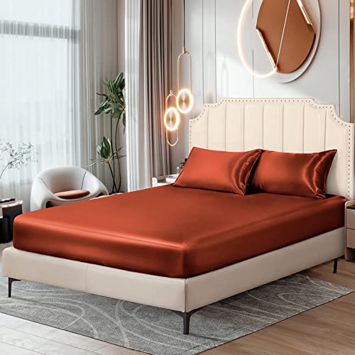 Image of Ersmak Silk Satin Fitted Sheet, Soft Deep Pocket Bottom Luxury Queen Fitted Sheet, Wrinkle Free, Breathable, Fade Resistant - Orange
