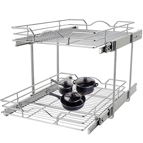Pull Out Cabinet Organizer (20"W x 21"D), 2 Tier Pull out Drawers for Kitchen Cabinets, Pull Out Shelves for Base Cabinet Organization in Kitchen, Bathroom, Pantry, Chrome Finish